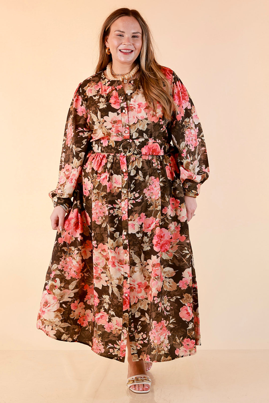 Written in the Roses Long Sleeve Floral Button Front Belted Midi Dress in Olive Green Multi