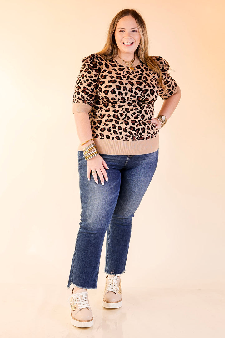 Purrfectly Chic Leopard Print Short Sleeve Sweater in Tan