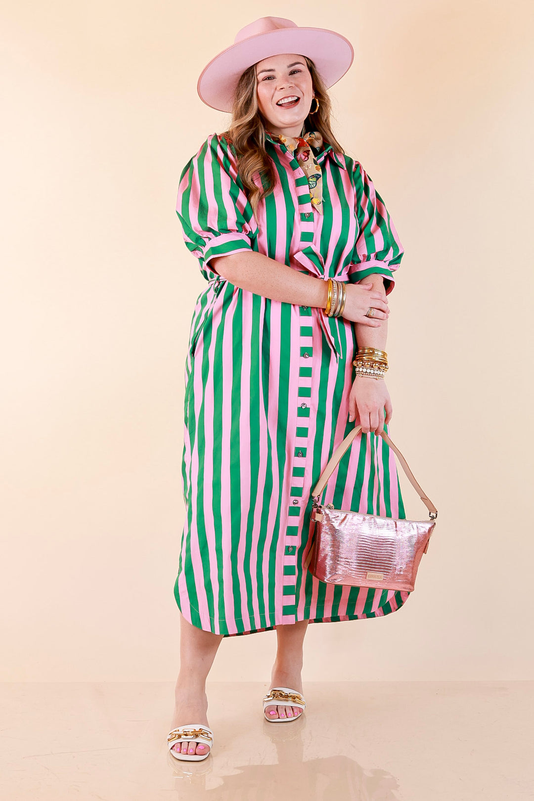 Palm Springs Pretty Puff Sleeve Button Front Belted Midi Dress with Stripe Print in Pink and Kelly Green