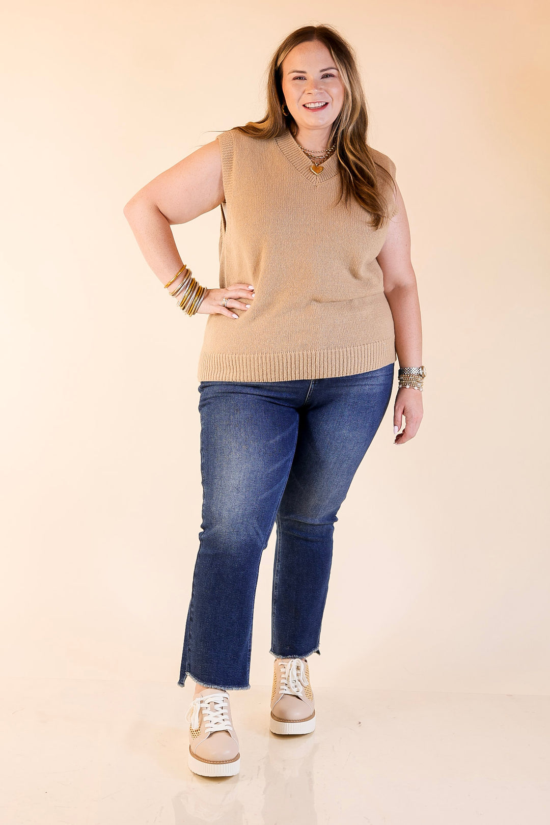 Vested Interest Knit V Neck Sweater Vest in Oatmeal Taupe