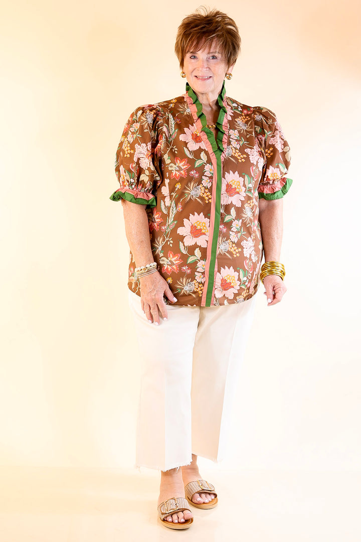 Endless Elegance Ruffled V Neck Floral Print Top in Brown, Mauve and Green