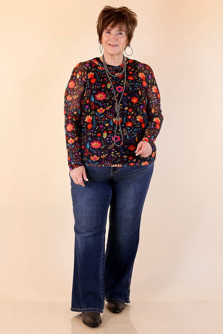 The Perfect Layer Colorful Floral Fiesta Print Mesh Long Sleeve Top in Black