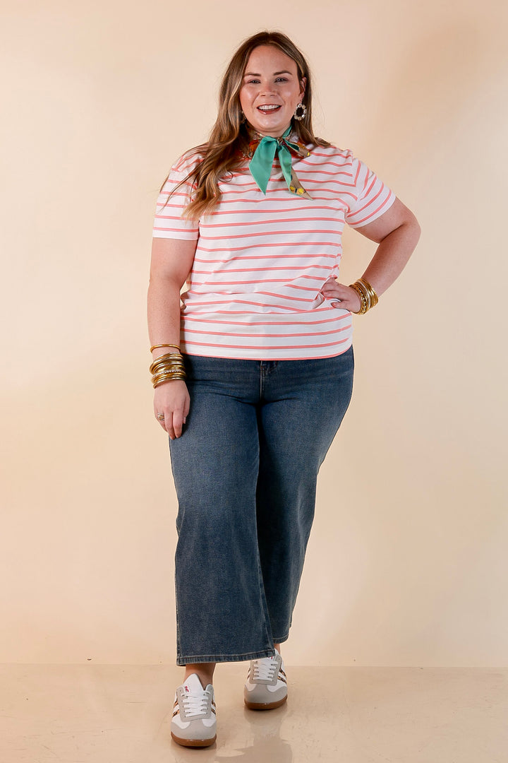 The Daily Stripe Scoop Neck Short Sleeve Striped Tee Top in Coral Orange