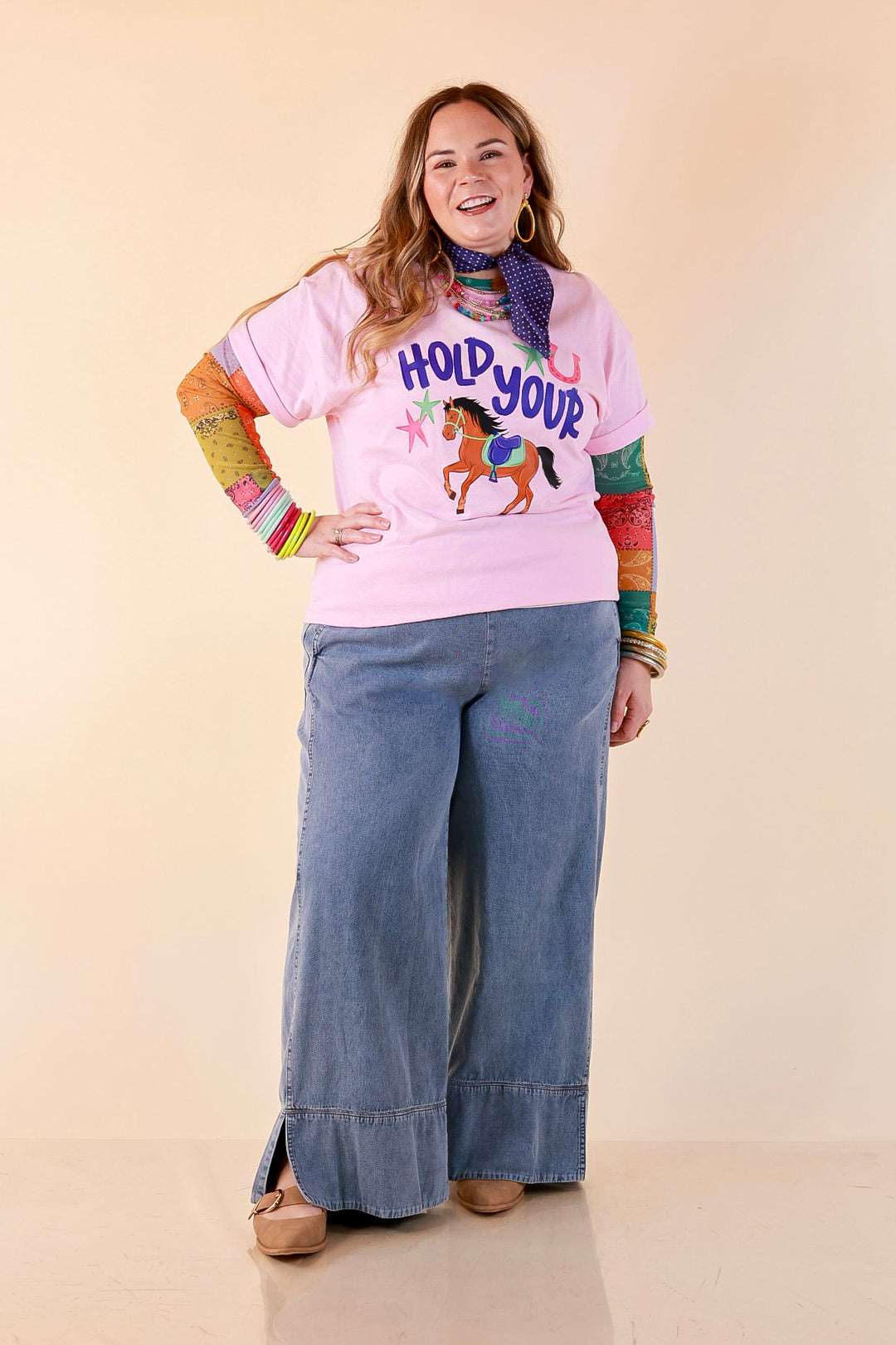 Rein It In "Hold Your Horses" Short Sleeve Graphic Tee in Light Pink