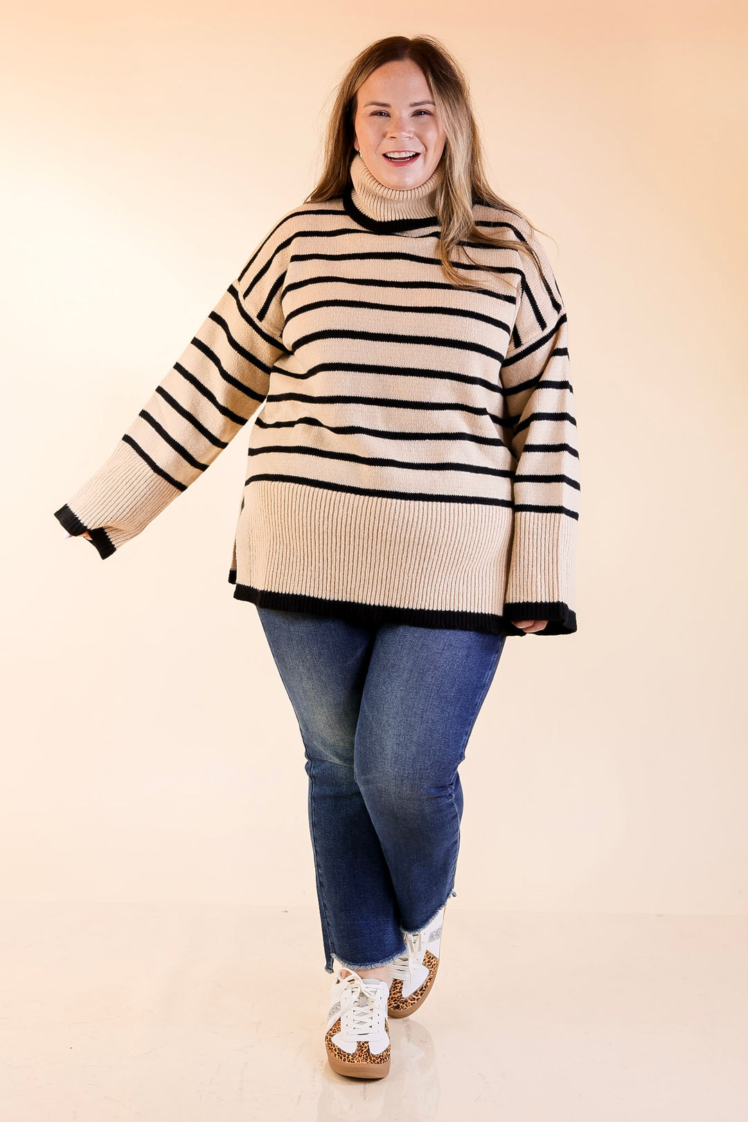 Mud Pie | Dunn Turtleneck Sweater with Black Stripes in Tan