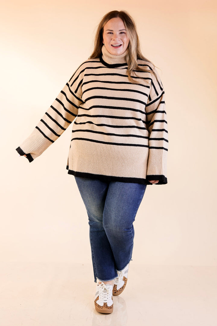 Mud Pie | Dunn Turtleneck Sweater with Black Stripes in Tan