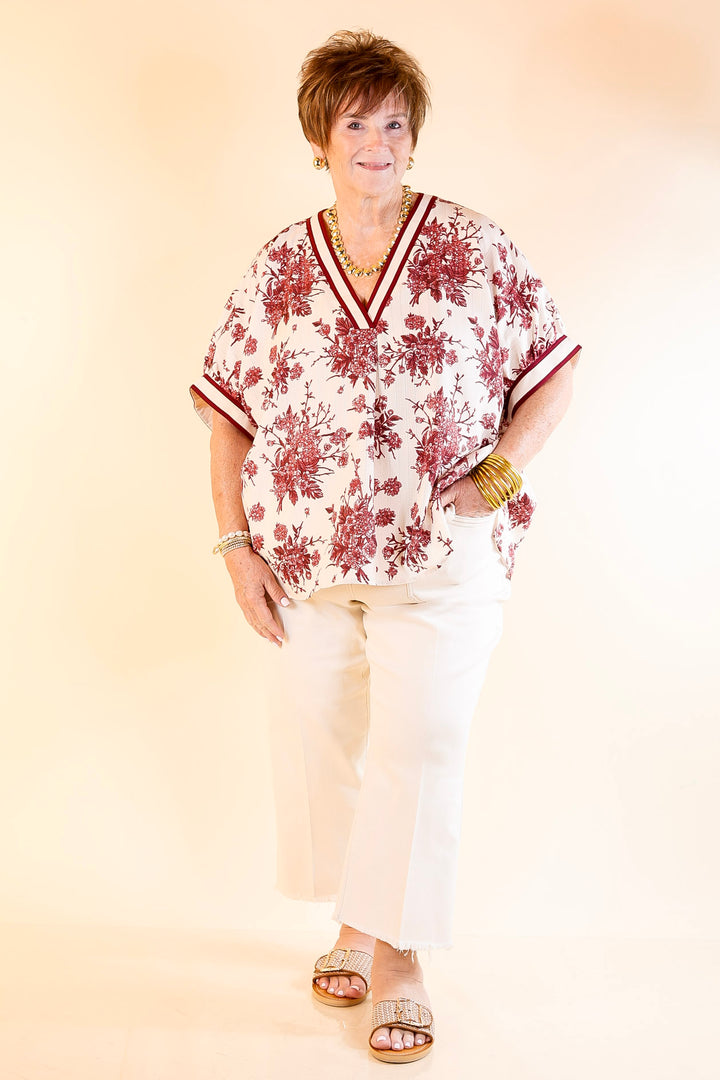 Chic Rewind V Neck Placket Floral French Toile Short Sleeve Top in Maroon and Ivory