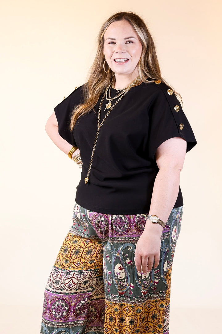 Golden Hour Glow Ribbed Crew Neck Top With Gold Button Detailing in Black