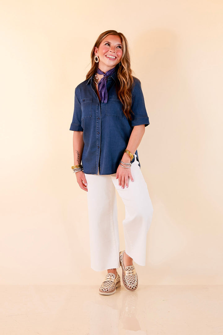 Lyssé | Best Dressed Short Sleeve Button Down Chambray Denim Shirt in Dark Wash