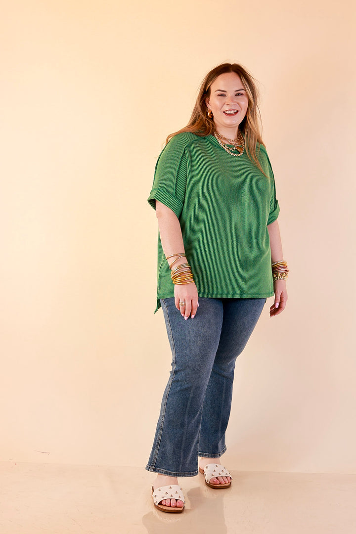 Daily Perfection Scoop Neck Short Sleeve Ribbed Top in Green
