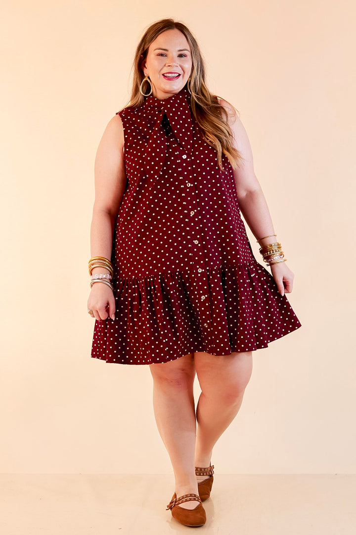 Sweet Spot Denim Polka Dot Bow Neck Tie Button Front Drop Waist Dress in Maroon
