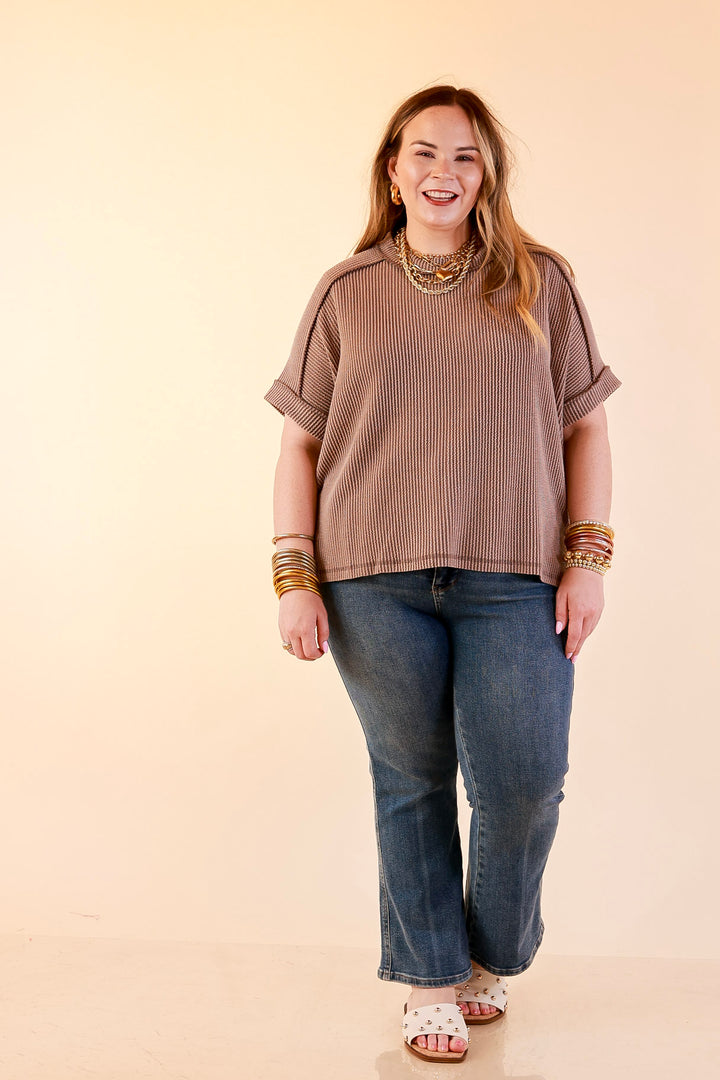 Daily Perfection Scoop Neck Short Sleeve Ribbed Top in Dark Mocha Brown