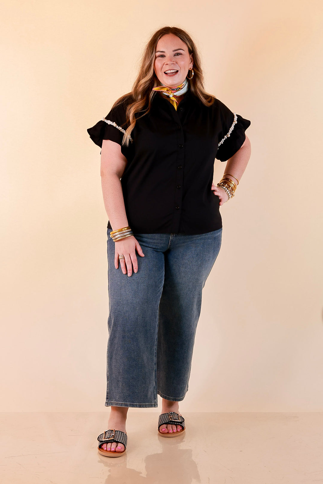 Pearl Perfection Pearl Trim Ruffle Sleeve Button Front Top in Black