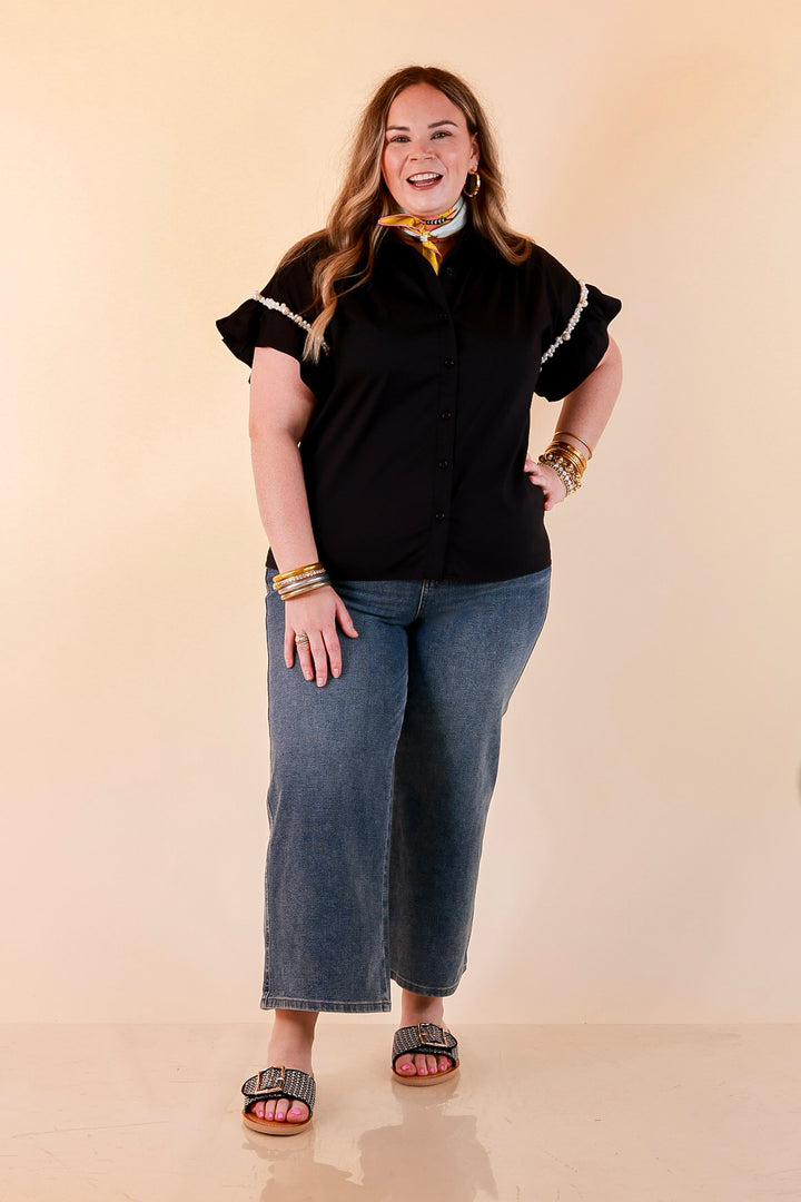 Pearl Perfection Pearl Trim Ruffle Sleeve Button Front Top in Black