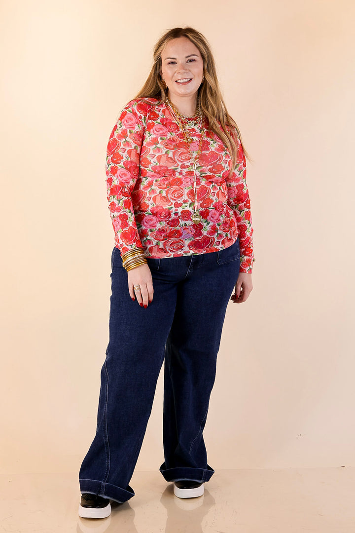 The Perfect Layer Colorful Floral and Hearts Print Mesh Long Sleeve Top in White