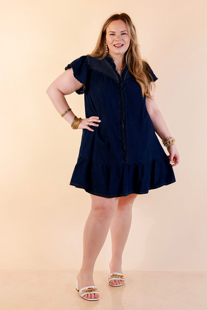 Day to Day Denim Smocked Yoke Dress with Ruffle Front and Flutter Sleeves in Dark Wash