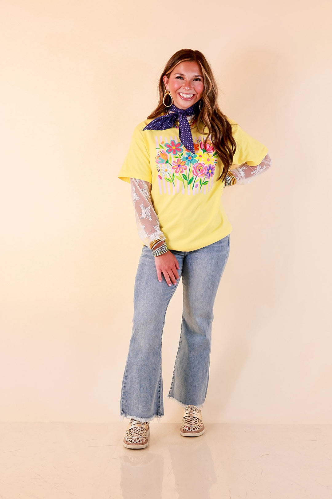 Freshly Picked Floral and Stripe Print Short Sleeve Graphic Tee in Yellow