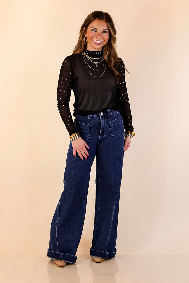 Sheer Confidence Solid Mesh Long Sleeve Top with Rhinestone Detailing in Black