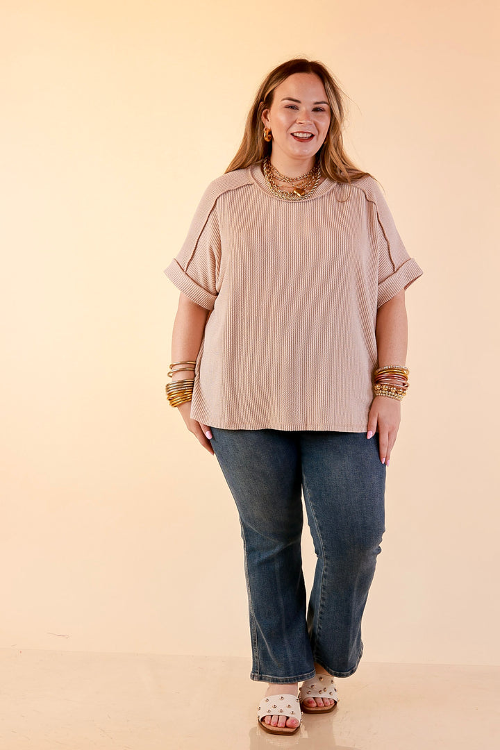Daily Perfection Scoop Neck Short Sleeve Ribbed Top in Natural Brown