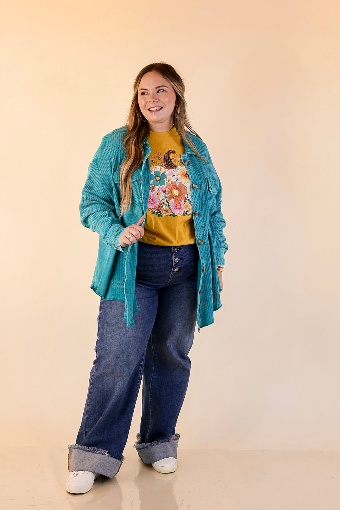 On the Move Long Sleeve Waffle Knit Button Up Shacket in Turquoise Blue