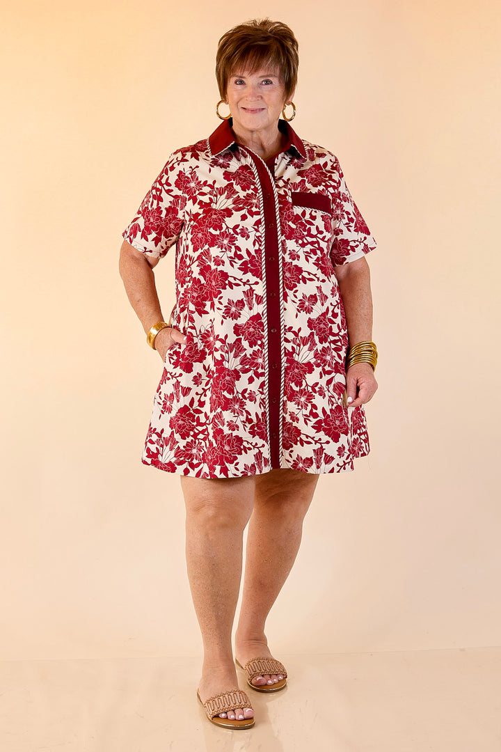 Chic Perspective Collared Button Up Floral Toile Shift Dress in Maroon