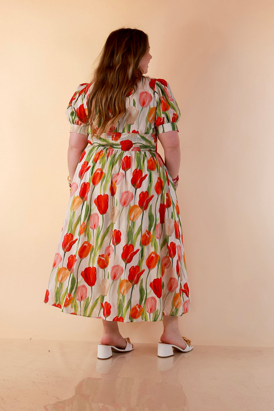 Modern Charm Zip Front Midi Tulip Print Dress with Smocked Waist and Short Sleeves in Cream