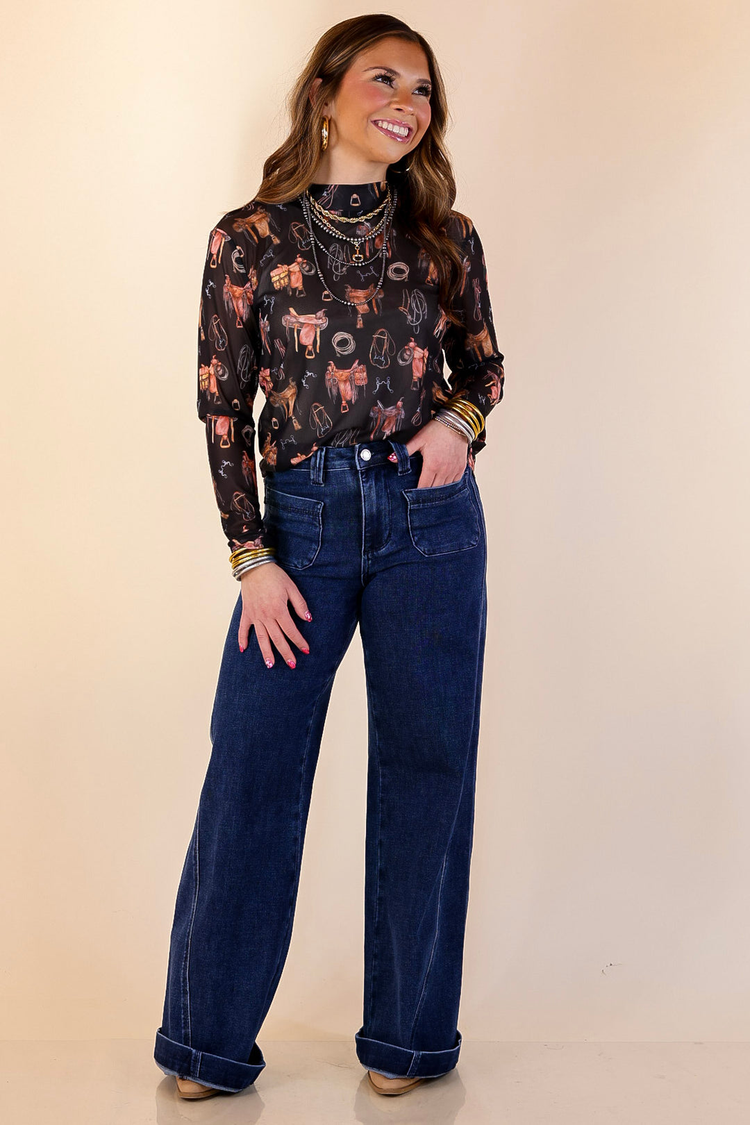 Sheer Confidence Western Saddle and Bits Icons Mesh Long Sleeve Top in Black