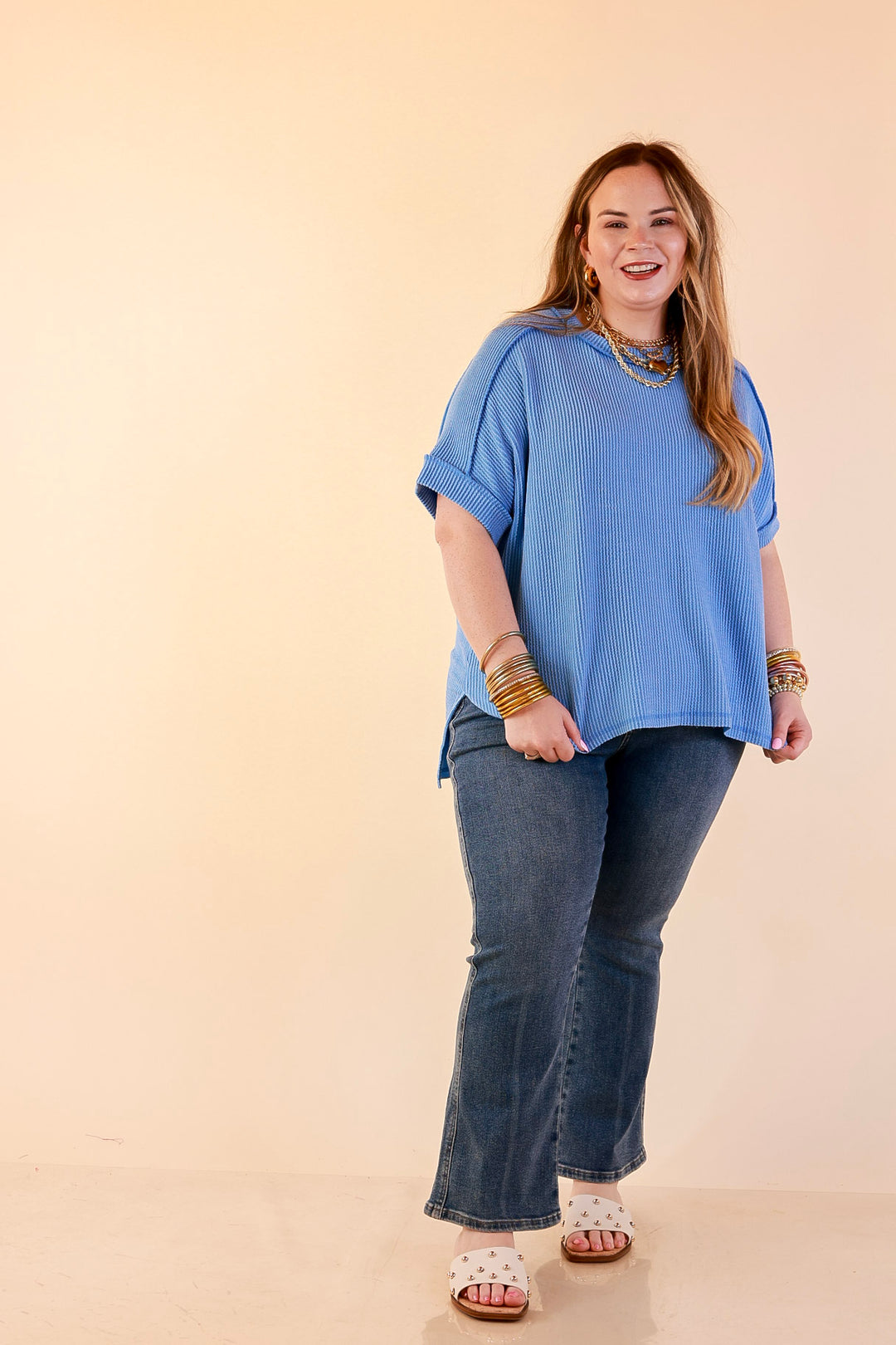 Daily Perfection Scoop Neck Short Sleeve Ribbed Top in Sky Blue