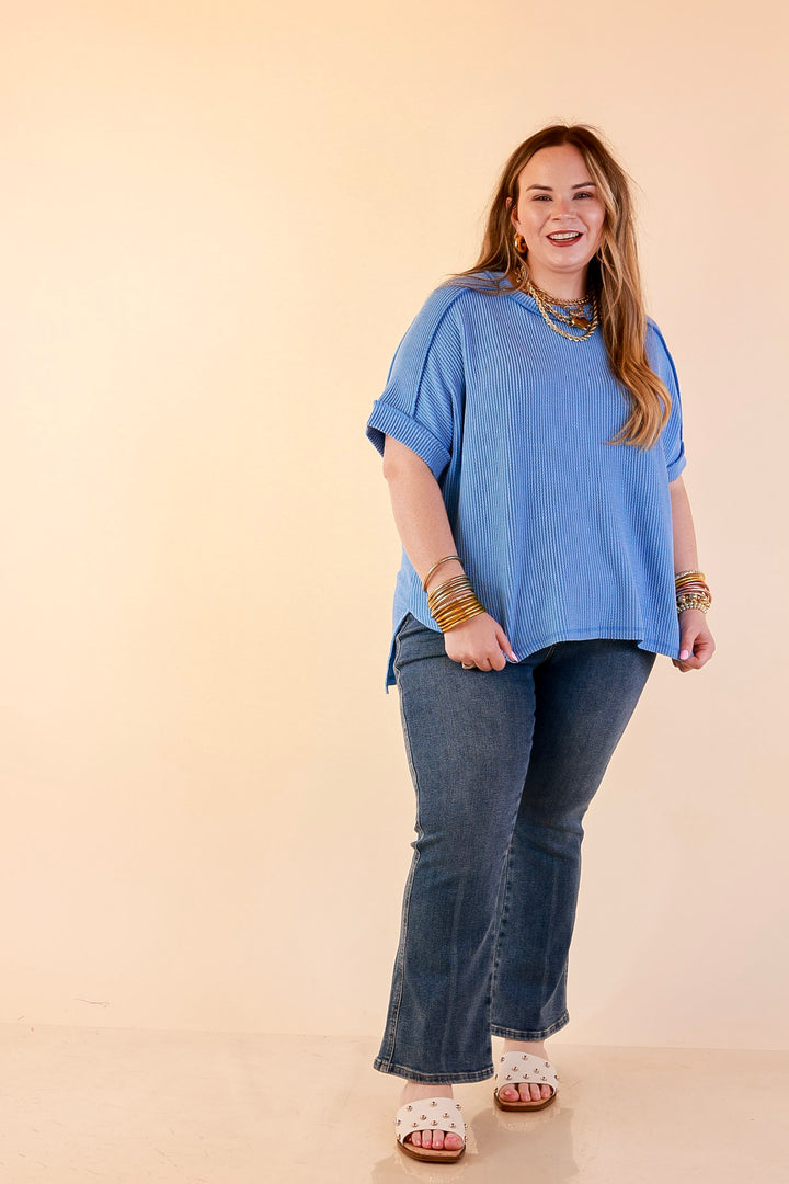 Daily Perfection Scoop Neck Short Sleeve Ribbed Top in Sky Blue