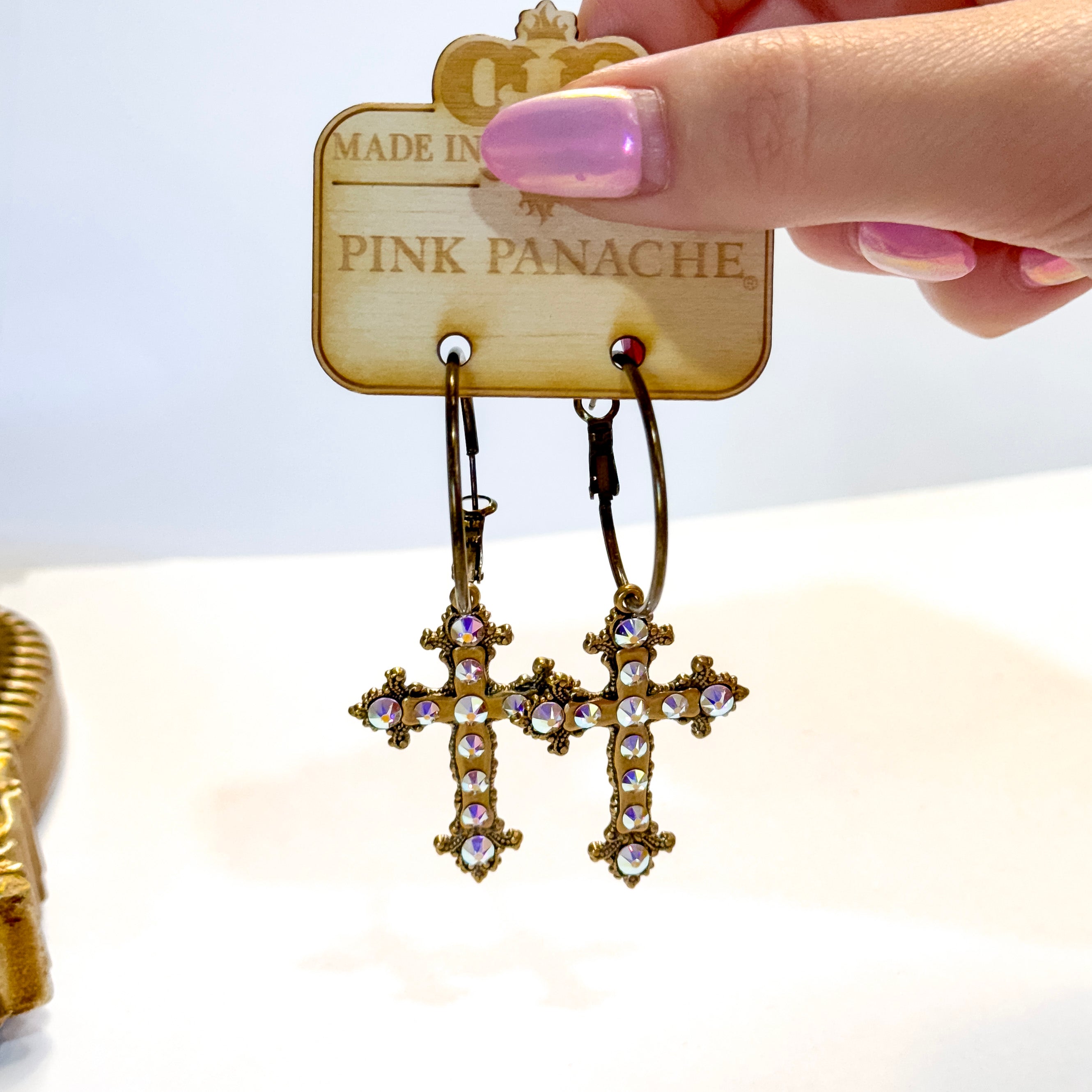 Pink Panache | Divine Sparkle Bronze Tone Hoop Earrings with Cross Charms and AB Crystal Accents