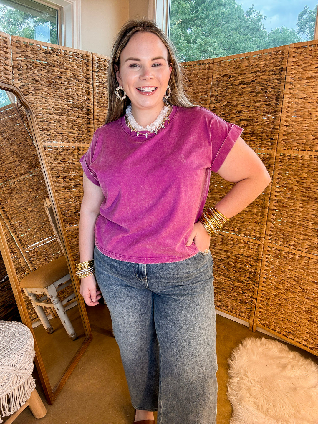 Easy Chic Mineral Washed Short Sleeve Cropped Tee in Plum Purple