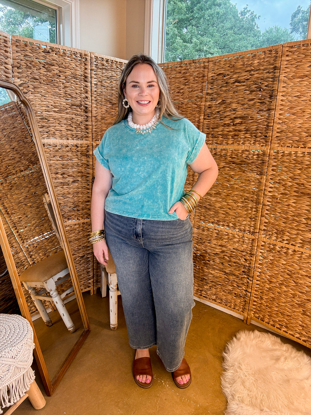 Easy Chic Mineral Washed Short Sleeve Cropped Tee in Teal Blue
