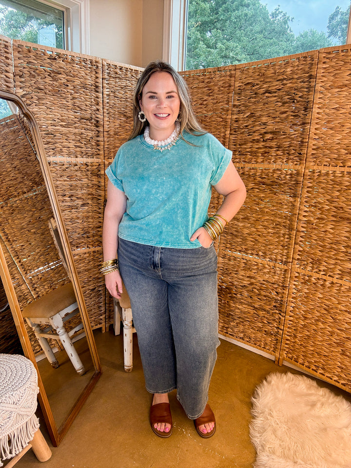 Easy Chic Mineral Washed Short Sleeve Cropped Tee in Teal Blue
