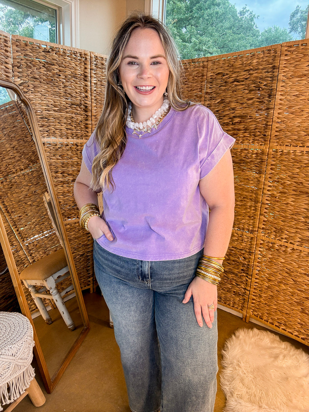 Easy Chic Mineral Washed Short Sleeve Cropped Tee in Lavender Purple
