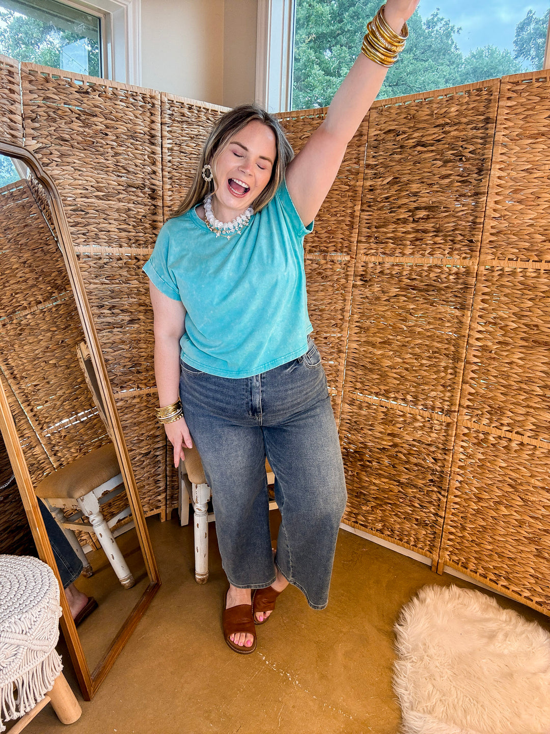 Easy Chic Mineral Washed Short Sleeve Cropped Tee in Turquoise Blue