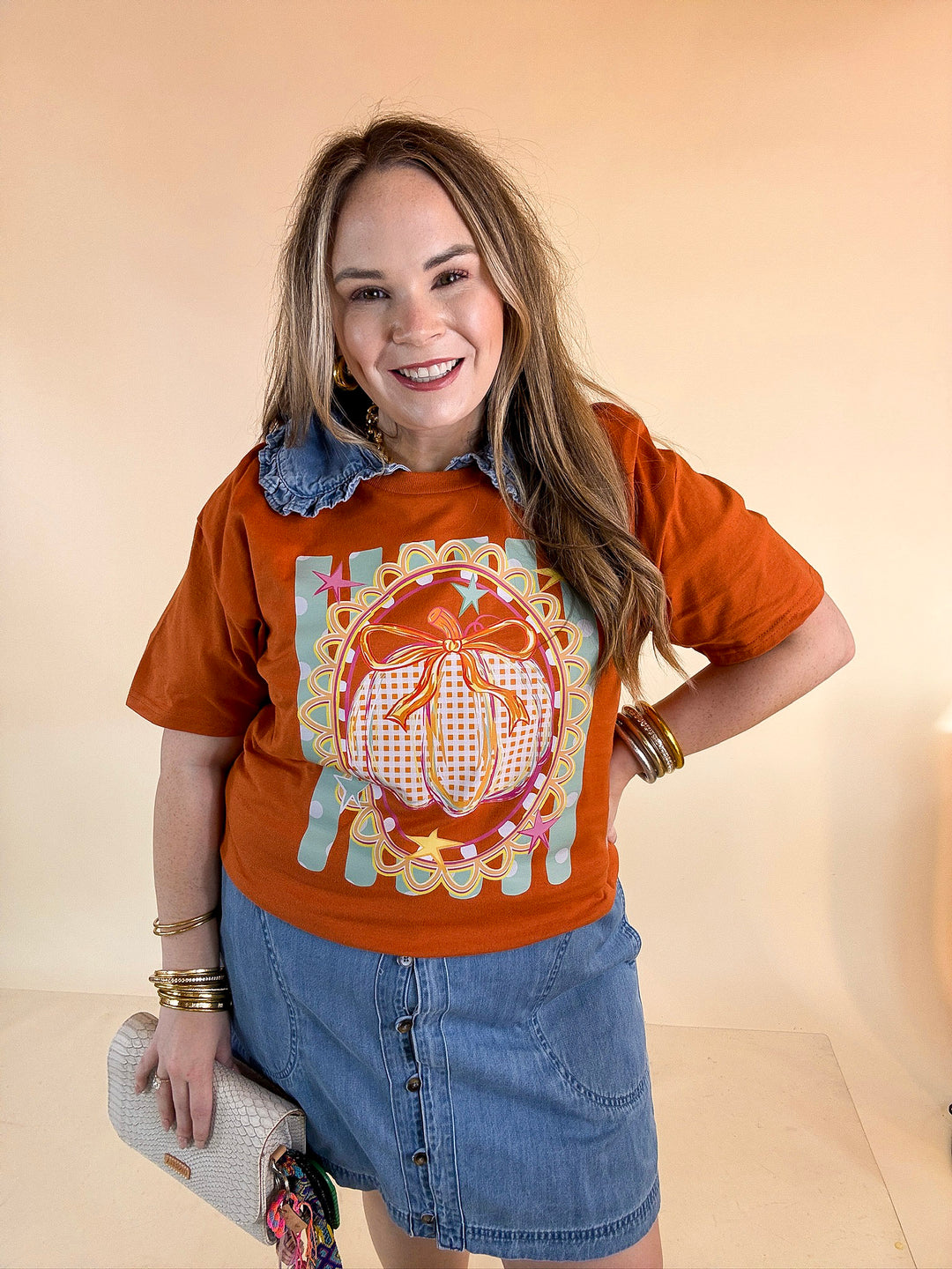 Sweet on the Season Gingham Pumpkin, Stripe and Polka Dot Design with Bow Detail Fall Graphic Tee in Rust Orange