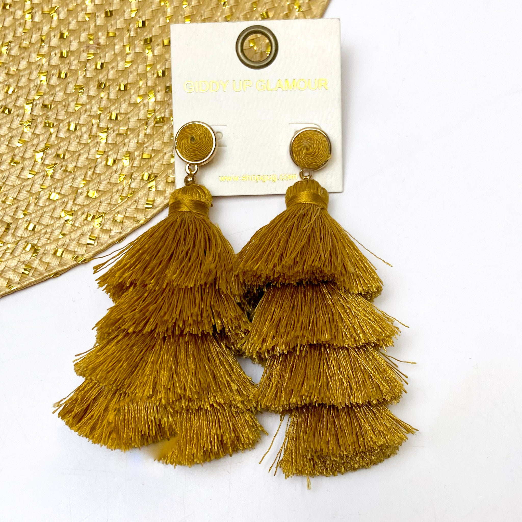 Four Tiered Tassel Earrings with Threaded Stud in Gold