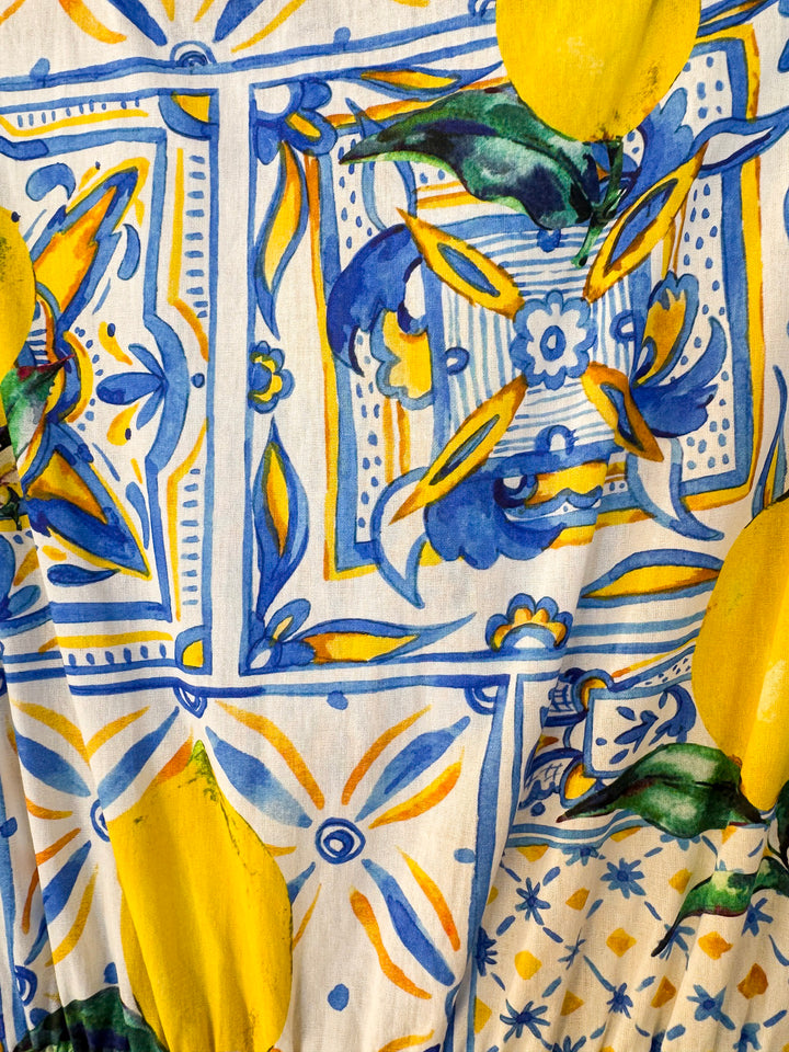 Villa Views Lemon and Tile Abstract Print Tiered Midi Dress in Blue and Yellow
