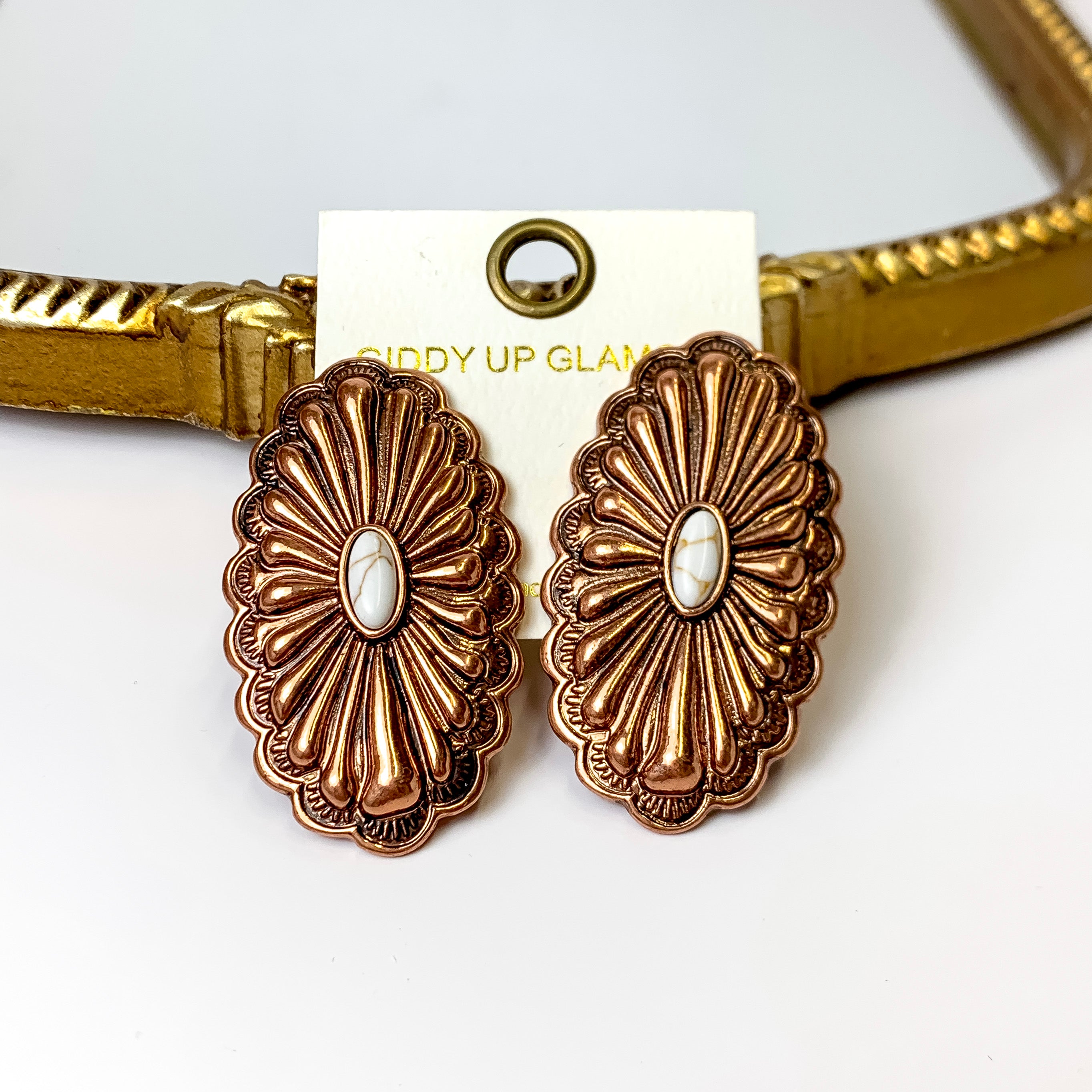 Rope Me In Large Oval Concho Clip On Earrings in Copper Tone - Giddy Up Glamour Boutique