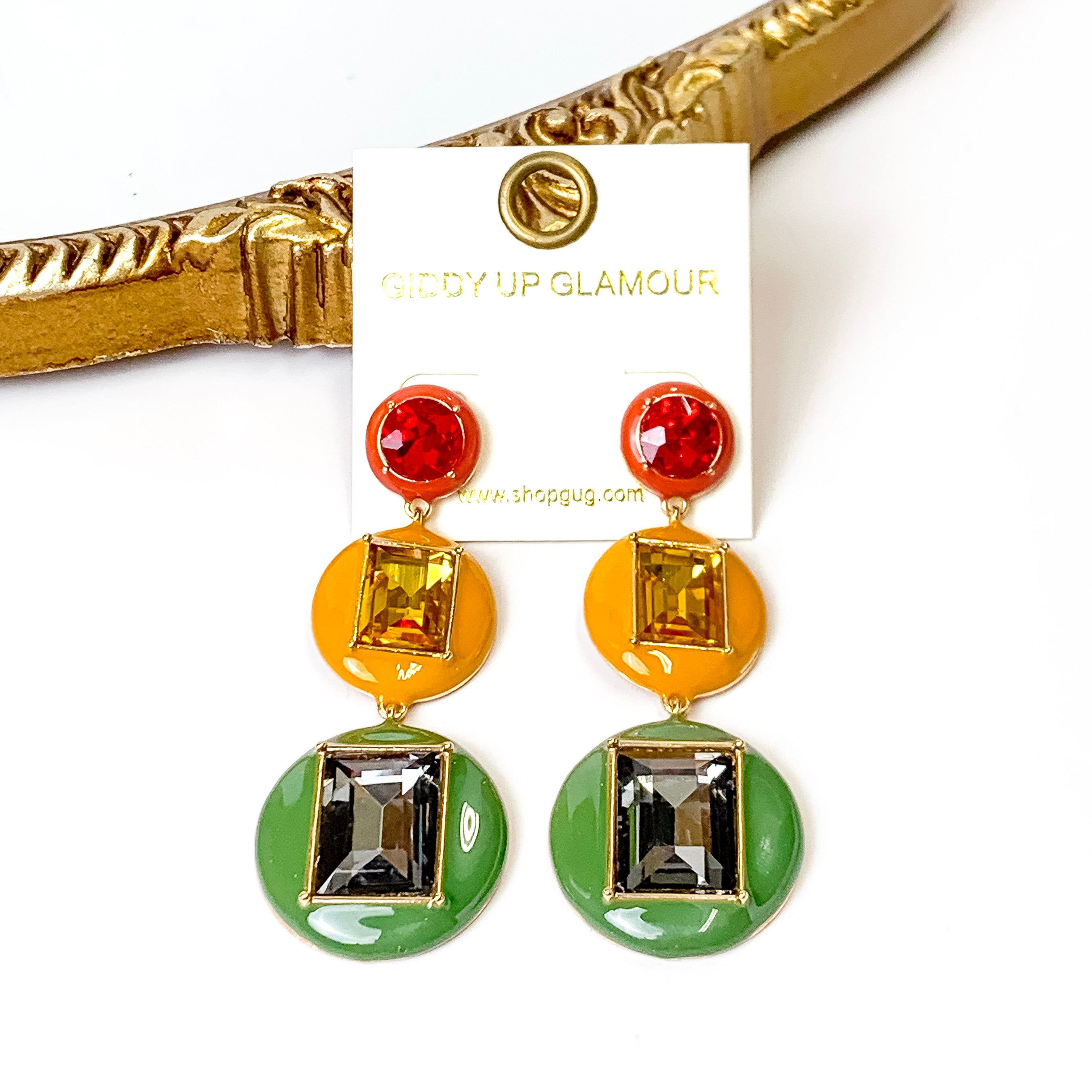 3 Tier Multicolor Enamel Framed Stone Drop Earrings in Red/Yellow/Green - Giddy Up Glamour Boutique