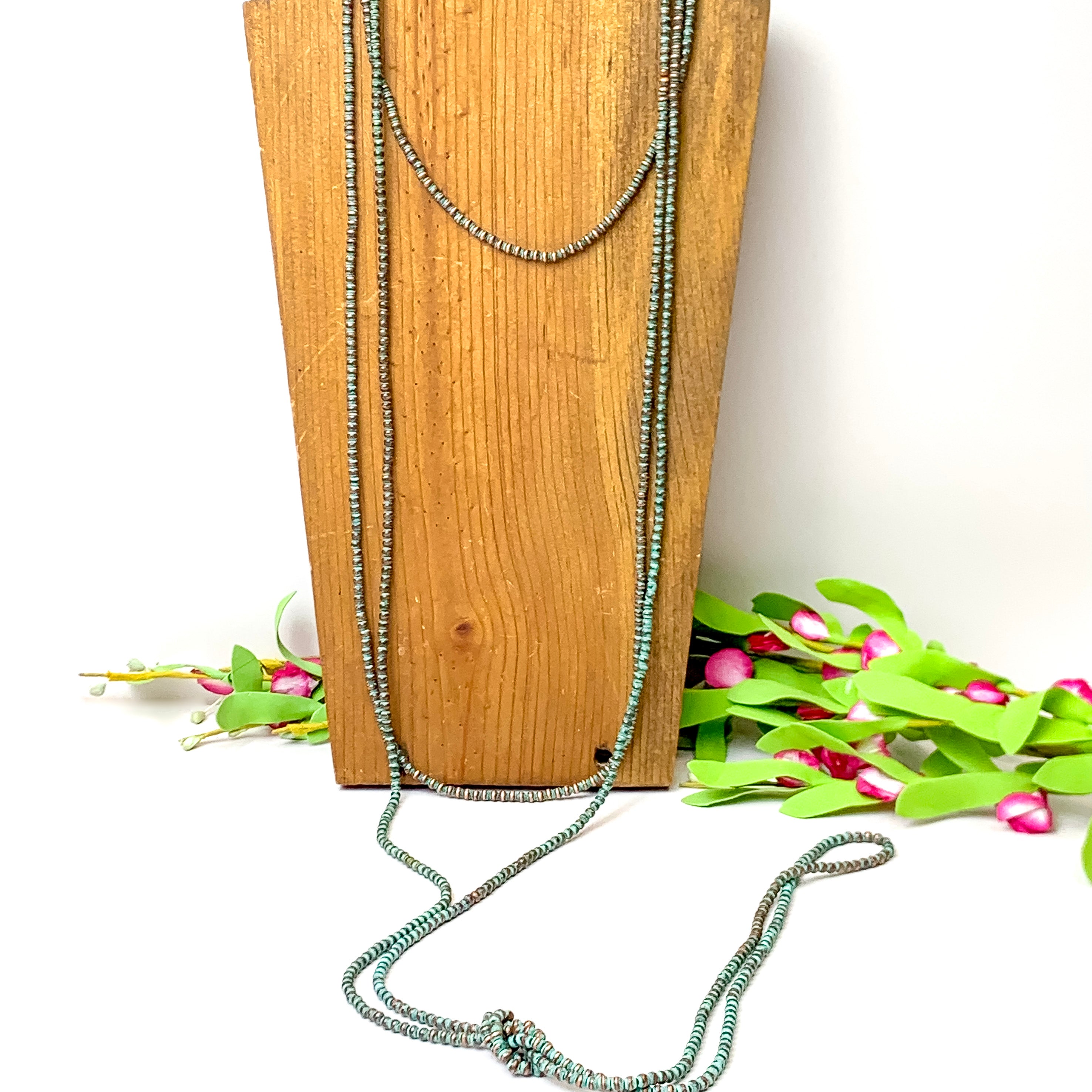 Extra Long Three Row Faux Navajo Pearl Layering Necklace in Patina Tone - Giddy Up Glamour Boutique
