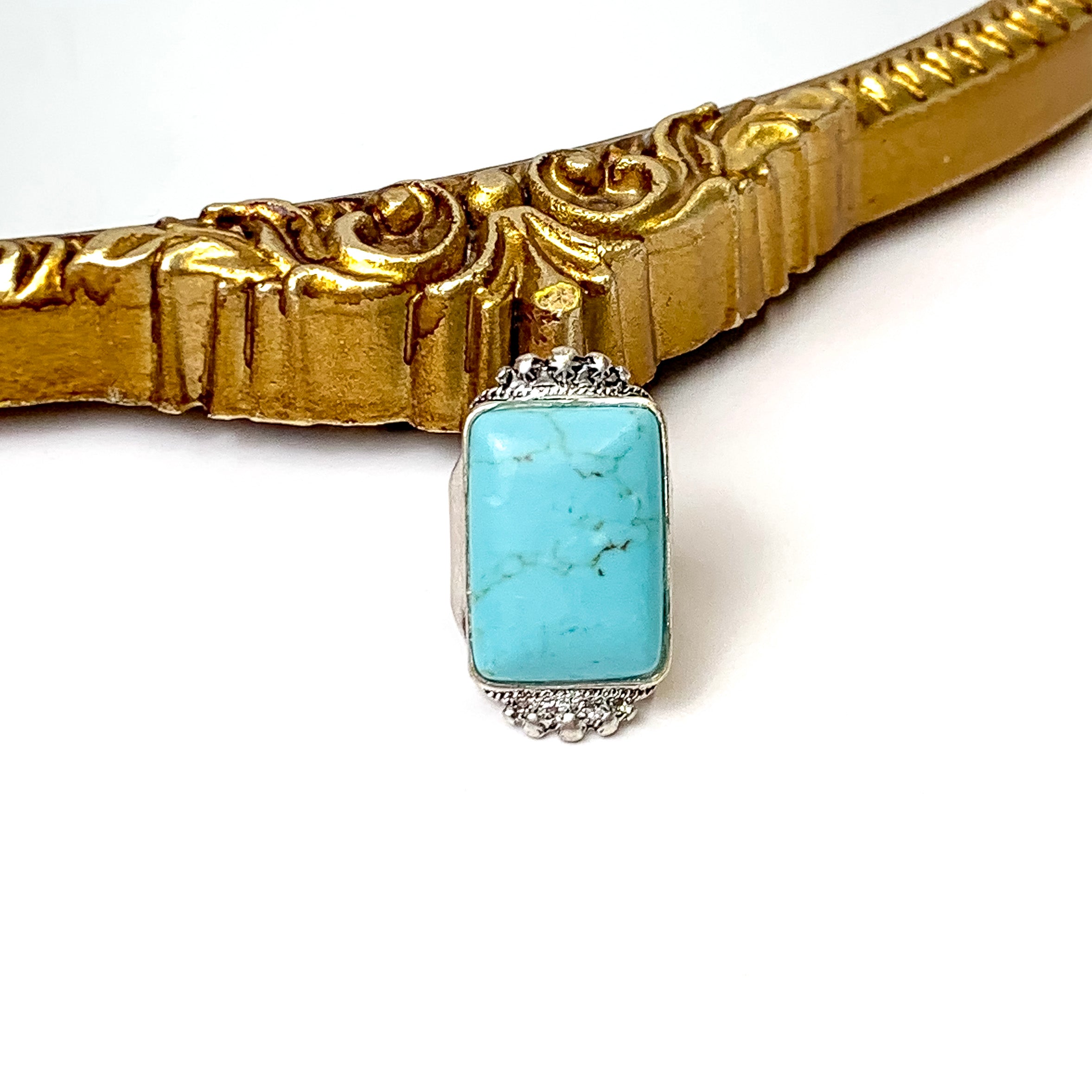 Silver Tone Faux Rectangle Stone Cuff Ring in Turquoise - Giddy Up Glamour Boutique