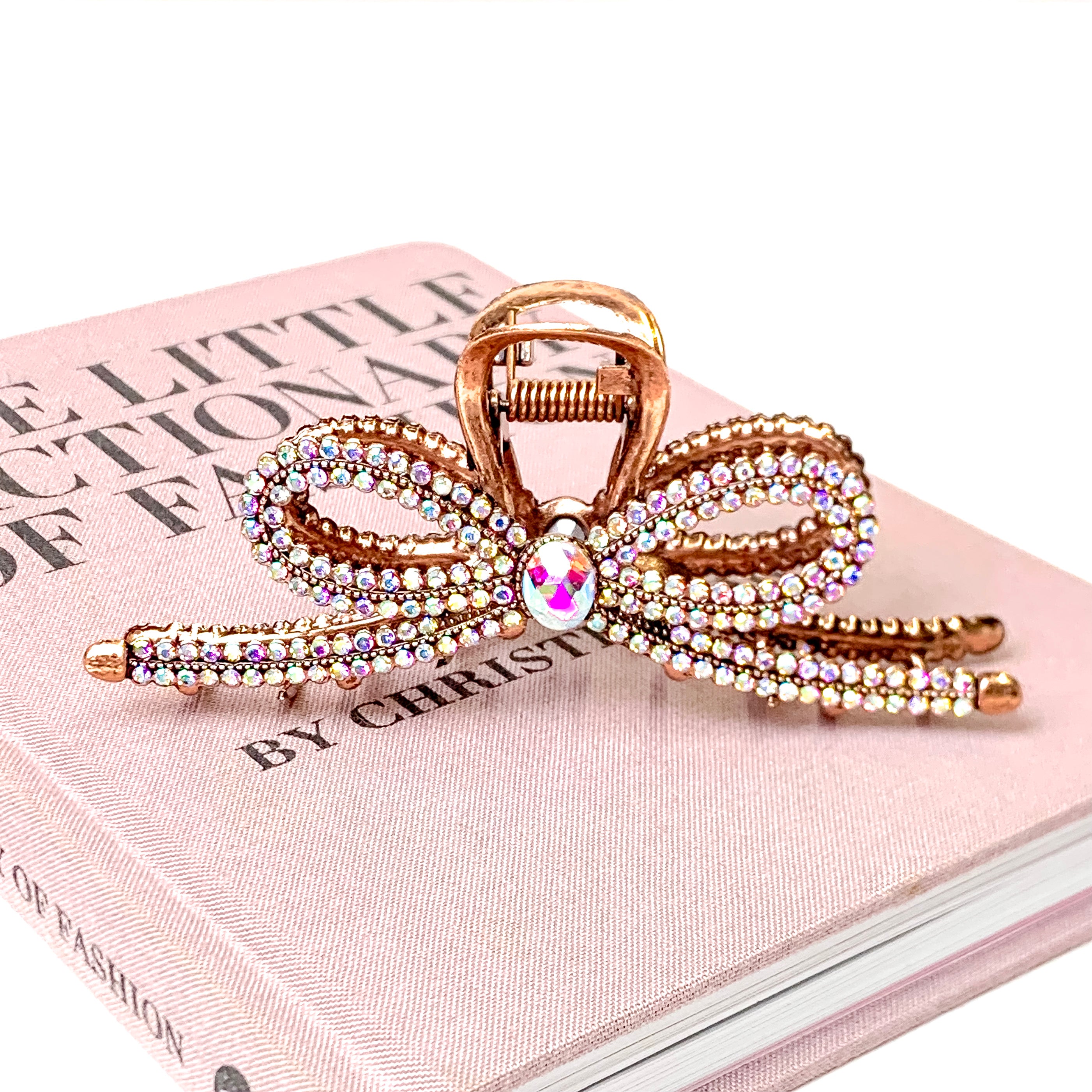 AB Crystal Embellished Ribbon Shaped Metal Hair Clip in Copper