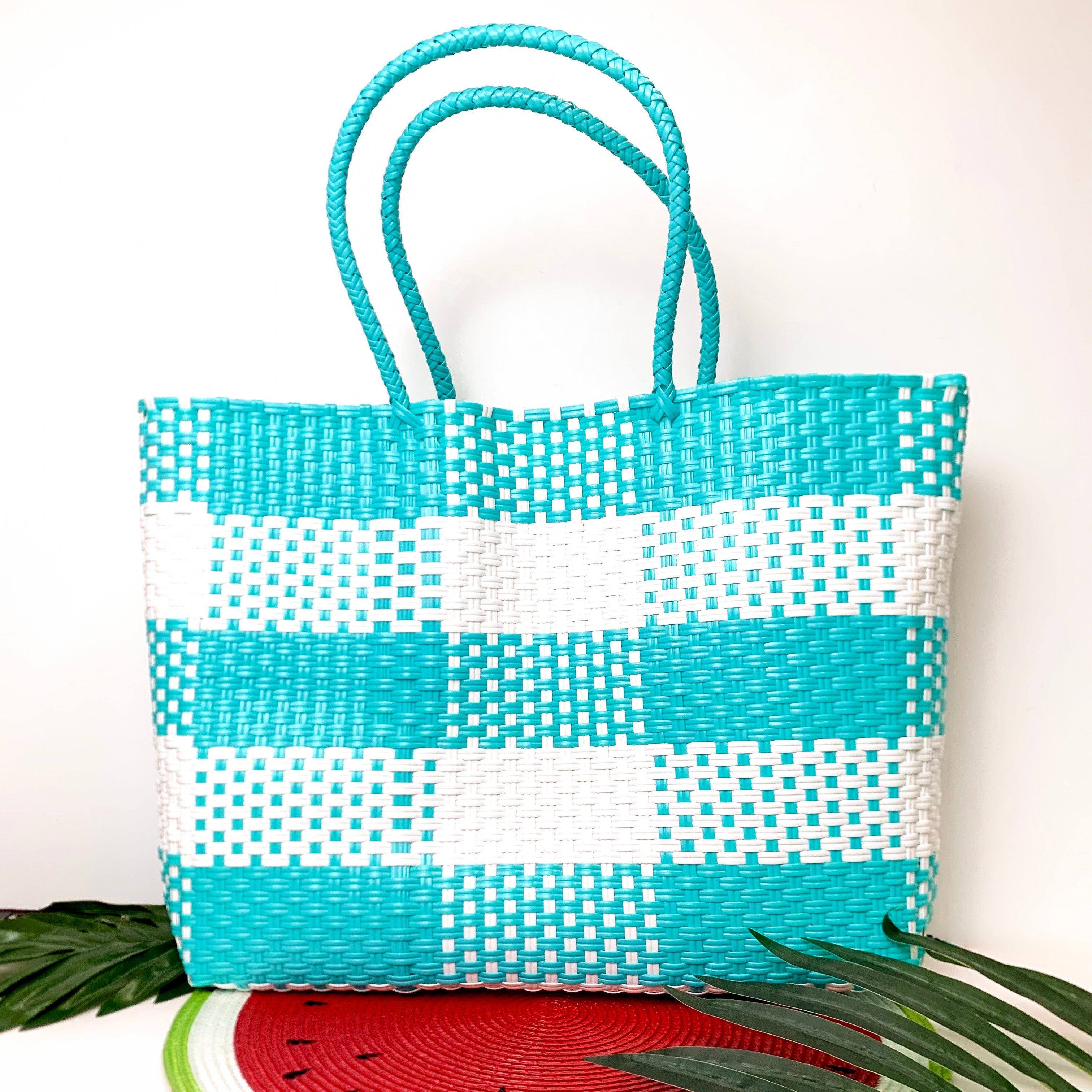 Garden Party Gingham Tote Bag in Turquoise Blue and White