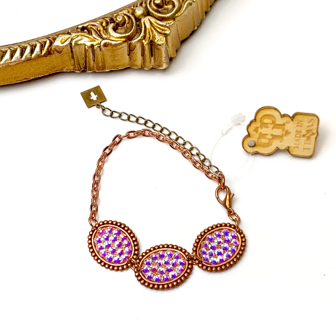 Three Mini Rose Gold Ovals on Bracelet with AB Crystals - Giddy Up Glamour Boutique
