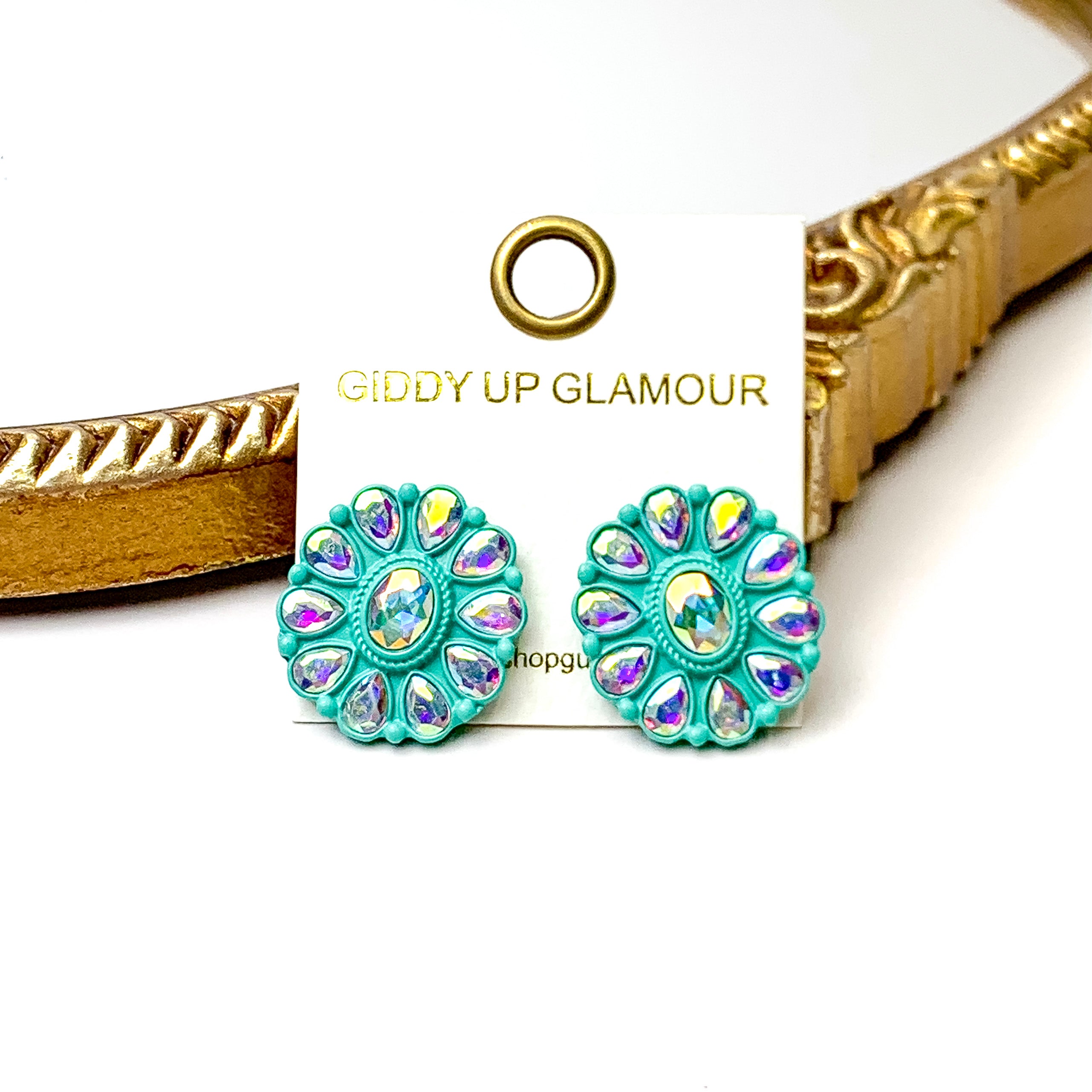 Prismatic Petal AB Stone Flower Concho Stud Earrings in Turquoise - Giddy Up Glamour Boutique