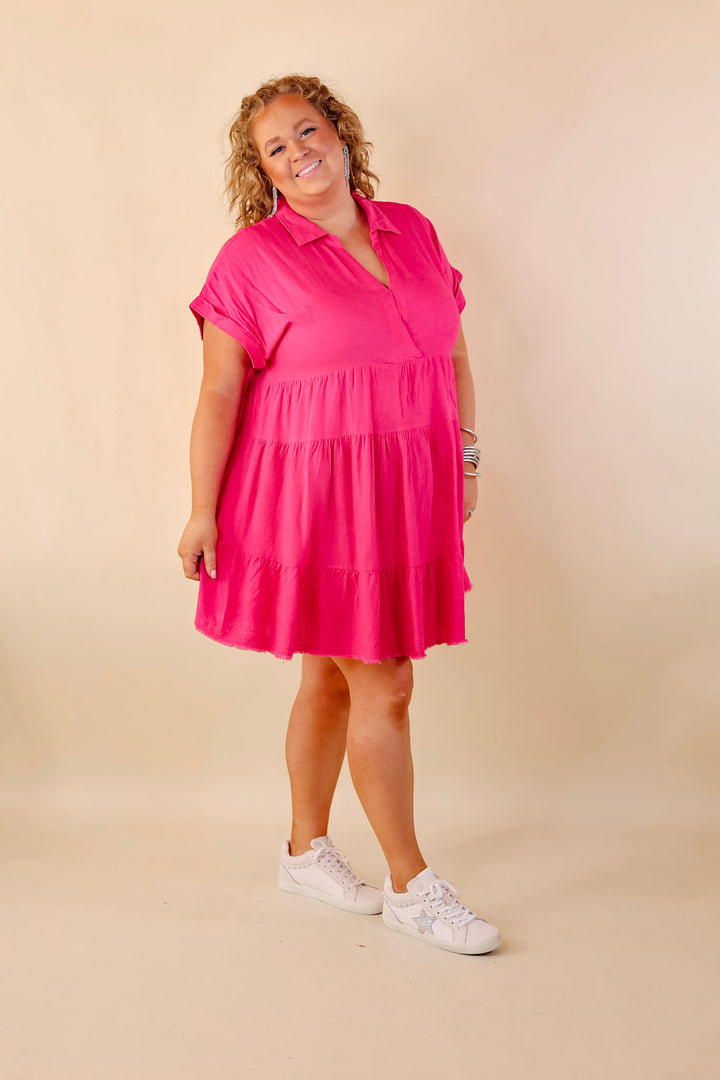 Taos Transitions Ruffle Tiered Collared Dress with Frayed Hem in Hot Pink - Giddy Up Glamour Boutique