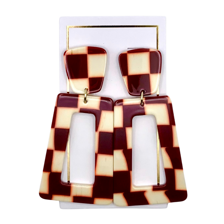Linny Co | Kennedy Rectangular Drop Earrings in Maroon Checker