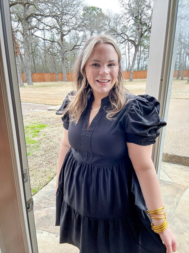 Call Me Chic Balloon Sleeve Short Dress in Black - Giddy Up Glamour Boutique