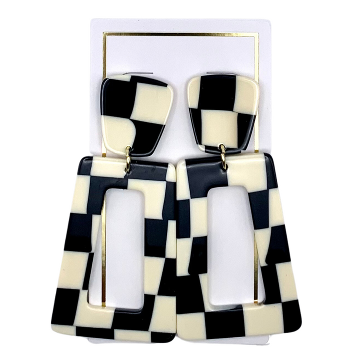 Linny Co | Kennedy Rectangular Drop Earrings in Black Checker